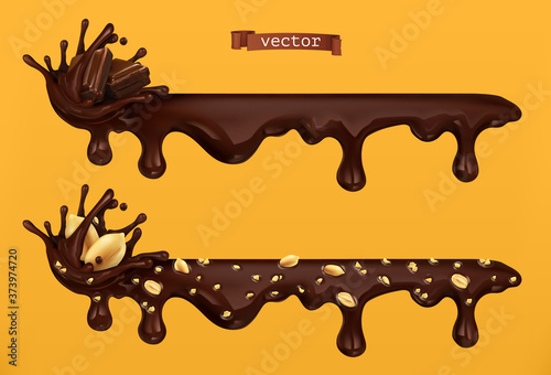 Chocolate drips and splash. Pieces of chocolate and peanuts. 3d vector realistic objects