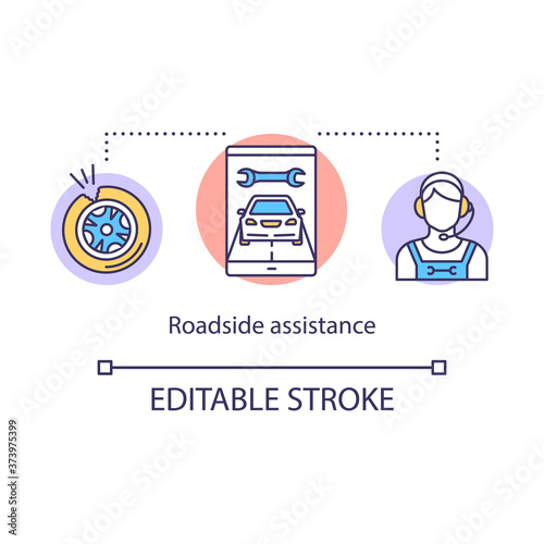 Roadside assistance concept icon. Mechanical failure help idea thin line illustration. Vehicle insurance company service. Breakdown coverage. Vector isolated outline RGB color drawing. Editable stroke