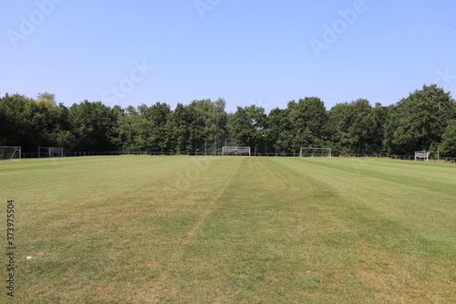 Sunny local soccer field between the woods.