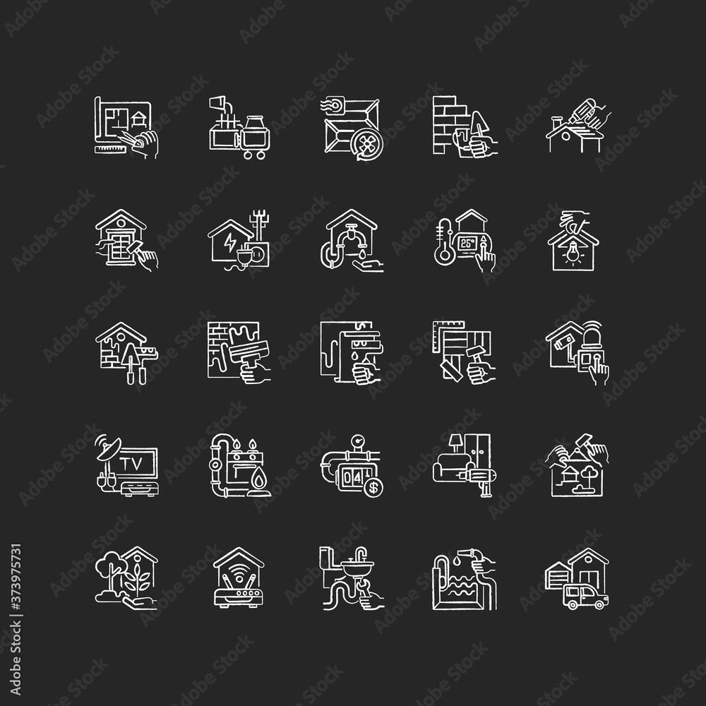 Building and repair house chalk white icons set on black background. Gas pipework. Counter installation. Pool construction. Garage building. Home decor. Isolated vector chalkboard illustrations