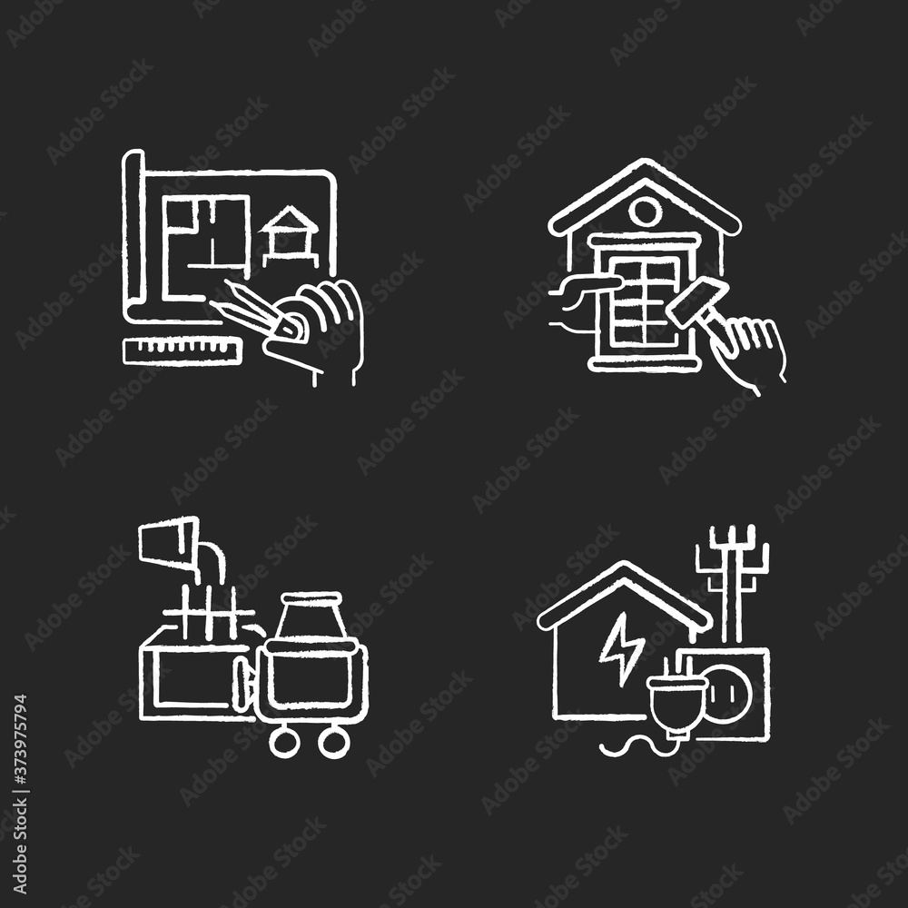 House foundation chalk white icons set on black background. Construction preparing phase. Windows constructing. Electricity connection. Laying foundation. Isolated vector chalkboard illustrations