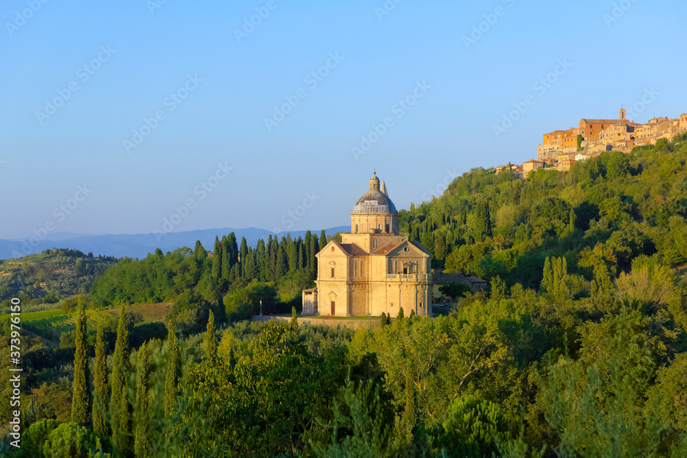 Beautiful Tuscany panorama, View of Montepulciano and Chiesa di San Biagio, San Biagio.