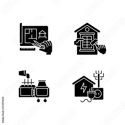 House foundation black glyph icons set on white space. Construction preparing phase. Windows constructing. Electricity connection. Laying foundation. Silhouette symbols. Vector isolated illustration