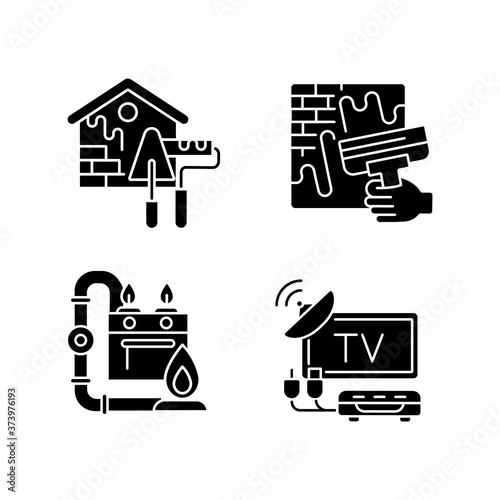 House repairs and facilities black glyph icons set on white space. External decoration. House decorating and renovating. Gas pipework. TV tuner. Silhouette symbols. Vector isolated illustration