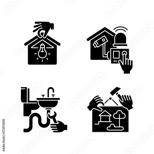 House maintenance black glyph icons set on white space. Lighting installation. Home alarm system. Plumbing installation. Smart CCTV. Home decor. Silhouette symbols. Vector isolated illustration