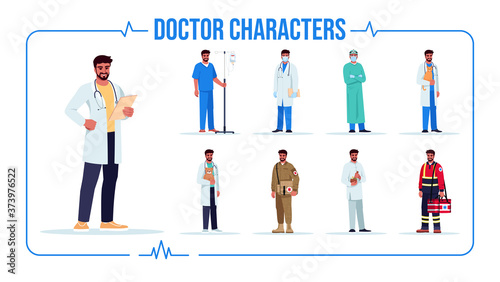 Hispanic doctor semi flat RGB color vector illustration set. Surgery physician. Emergency medical technician. Pediatrician. Hospital personnel. Isolated cartoon one character on white background pack