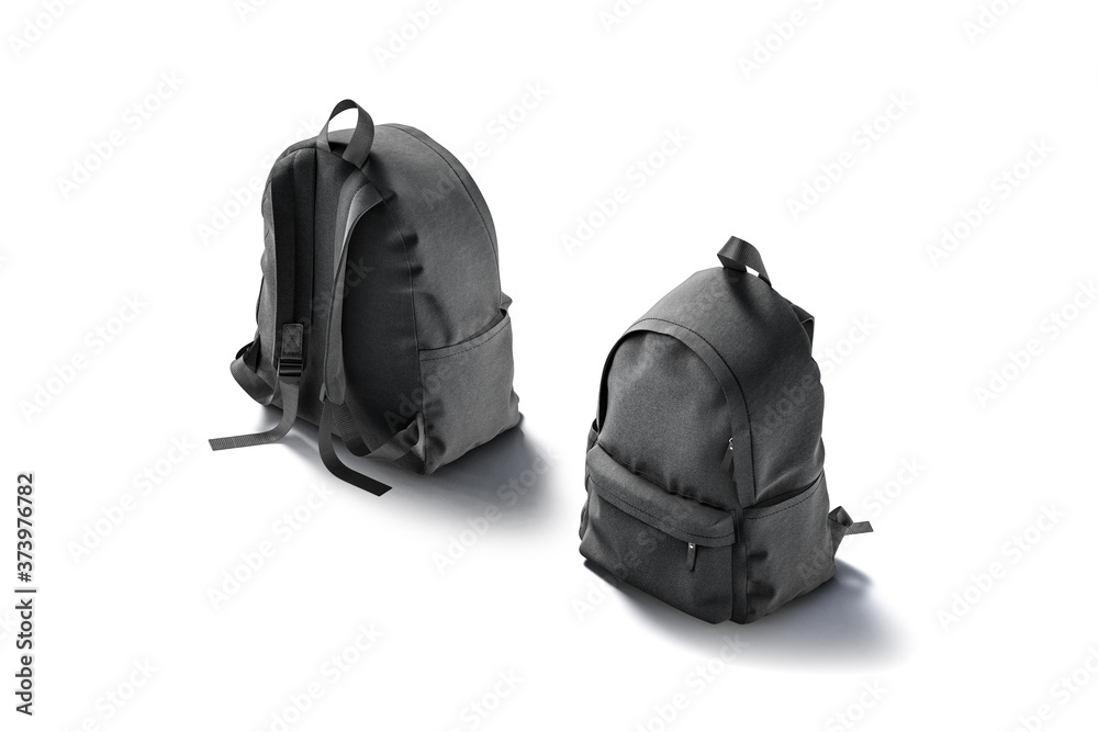 Blank black backpack with zipper and strap mockup, front back