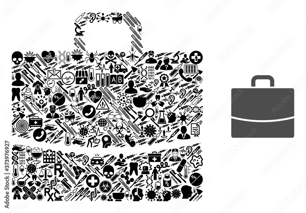 Mosaic briefcase with health care items and basic icon. Mosaic vector briefcase is formed from health care items. Flat illustrations elements for pandemic wallpapers. Mosaic briefcase with health care items and basic icon. Mosaic vector briefcase is formed from health care items. Flat illustrations elements for pandemic wallpapers.