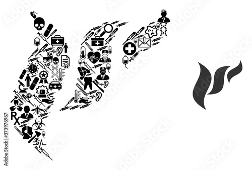 Mosaic flora abstraction of healthcare icons and basic icon. Mosaic vector flora abstraction is composed of healthcare icons. Flat illustrations elements for pandemic applications.