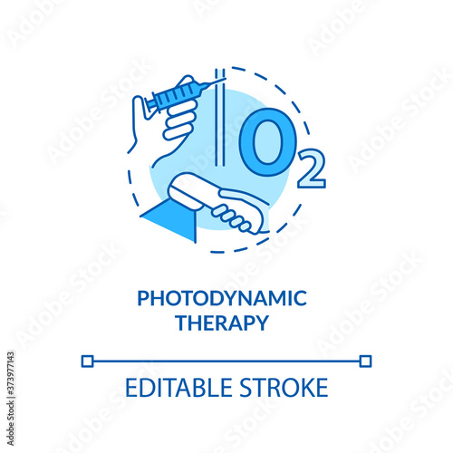 Photodynamic therapy concept icon. Destroying abnormal cells. Melanoma treatment. Photosensitizers. PDT idea thin line illustration. Vector isolated outline RGB color drawing. Editable stroke