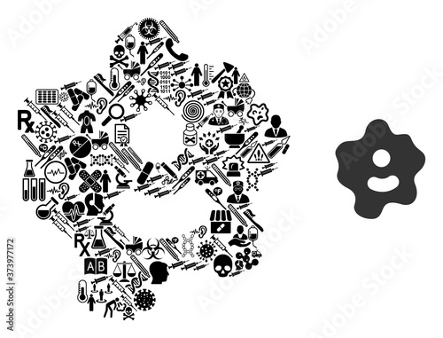 Mosaic ameba of health care symbols and basic icon. Mosaic vector ameba is designed of medic symbols. Abstract design elements for hospital illustrations. Illustration is based on ameba pictogram.