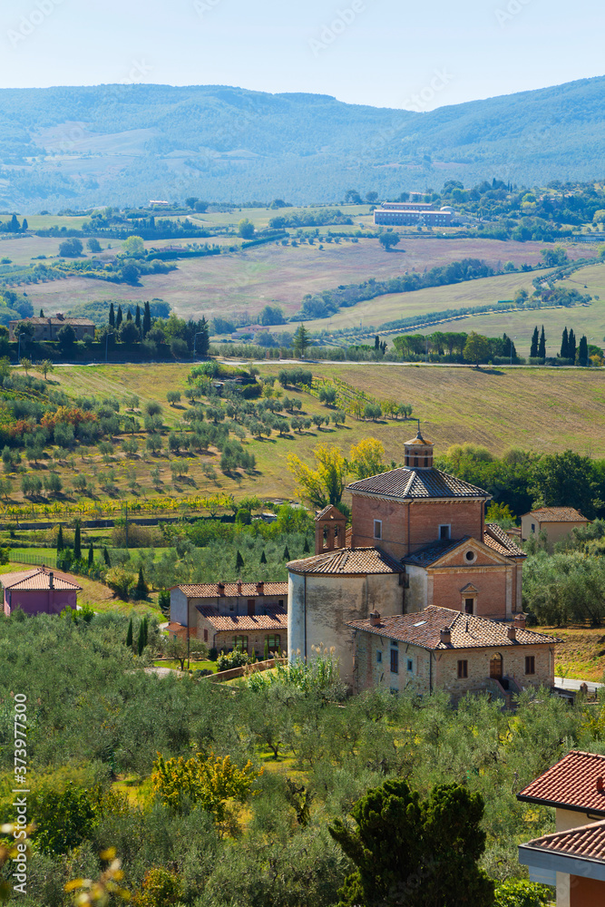 Tuscany, Italy, Chianciano Terme, panorama view with church Madonna della Rosa,