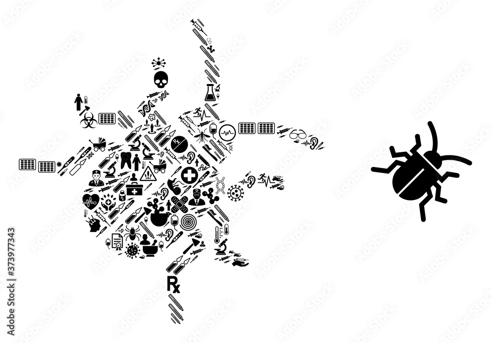 Mosaic bug from healthcare items and basic icon. Mosaic vector bug is formed from medic icons. Abstract illustrations elements for pharmacy illustrations. Illustration is based on bug pictogram. Mosaic bug from healthcare items and basic icon. Mosaic vector bug is formed from medic icons. Abstract illustrations elements for pharmacy illustrations. Illustration is based on bug pictogram.