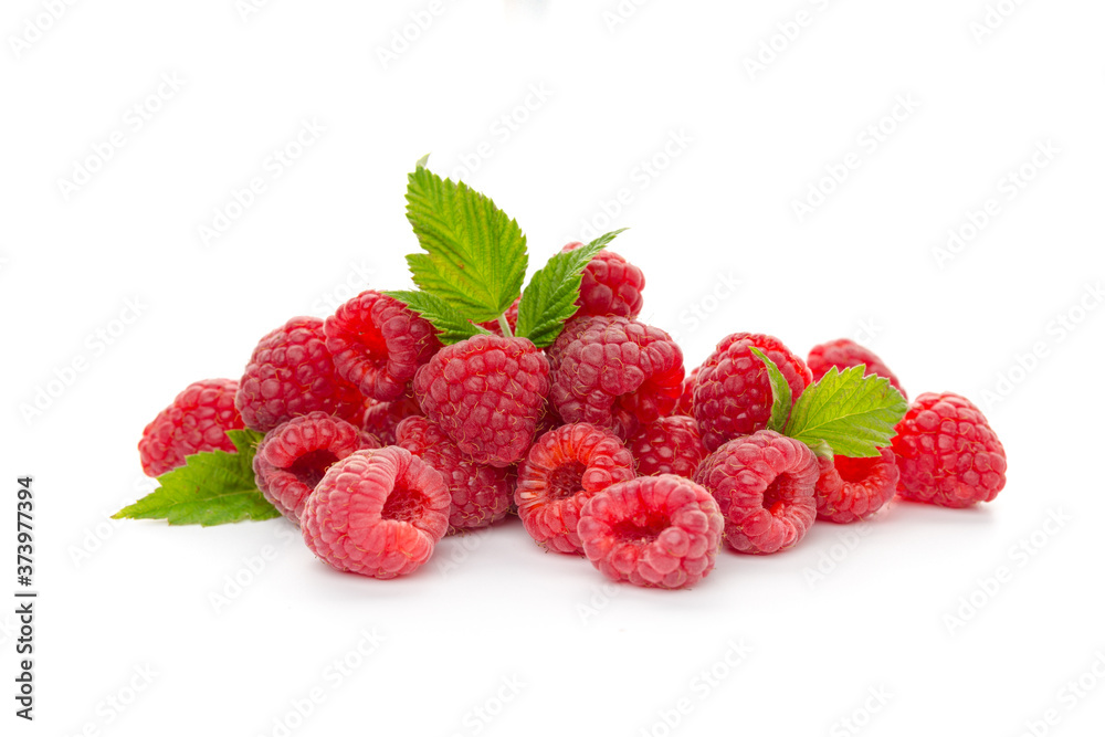  raspberries with leaf isolated on a white background