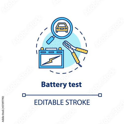 Battery test concept icon. Battery fluid testing idea thin line illustration. Car battery health. Multimeter and hydrometer checking. Vector isolated outline RGB color drawing. Editable stroke