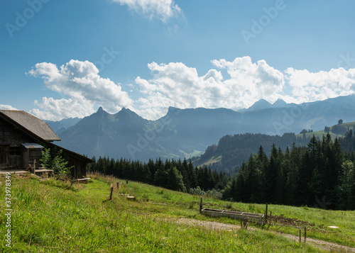 View on Dent de Broc mountain and old Swiss farm, Switzerland 