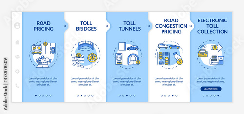 Highway toll plazas onboarding vector template. Road payment. Toll bridges and tunnels. Responsive mobile website with icons. Webpage walkthrough five steps screens. RGB color concept