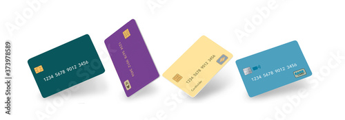 Four mock generic credit cards are seen floating over a white background. Text area available on the cards and background.