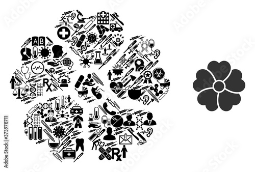 Mosaic flower of medical symbols and basic icon. Mosaic vector flower is composed of healthcare symbols. Flat design elements for pharmacy illustrations. Illustration is based on flower pictogram.