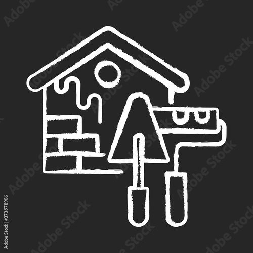 External decoration chalk white icon on black background. Exterior painting. House decorating and renovating. Outside decor. Construction process. Isolated vector chalkboard illustration