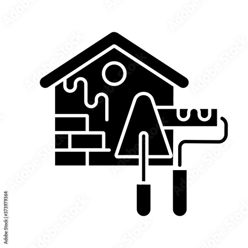 External decoration black glyph icon. Exterior painting. House decorating and renovating. Outside decor. Construction process. Silhouette symbol on white space. Vector isolated illustration