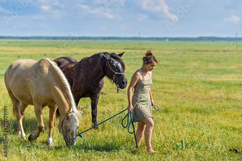 A girl leads horses on a rope across the collective farm field.