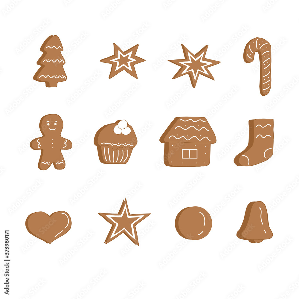 Set of brown Christmas cookies with white icing, vector illustration, hand drawing Set of brown Christmas cookies with white icing, vector illustration, hand drawing