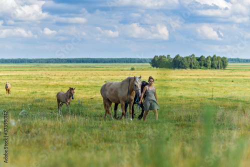 A girl leads horses on a rope across the collective farm field.