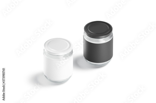 Blank glass jar with black and white label mockup, isolated photo