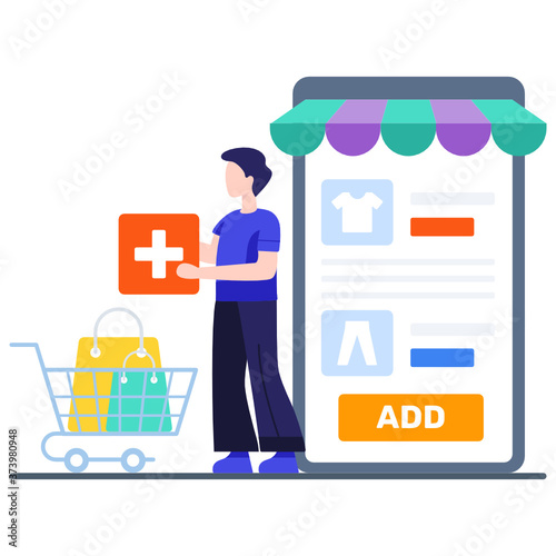 
Shopping trolley with plus sign, add to cart concept vector 
