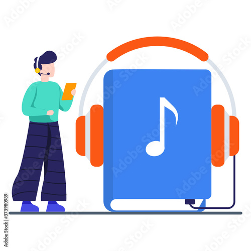 
Book with headphones, clear depiction of audio book in flat illustration
