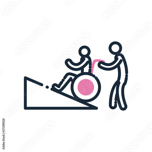 man helping other on wheelchair line and fill style icon vector design