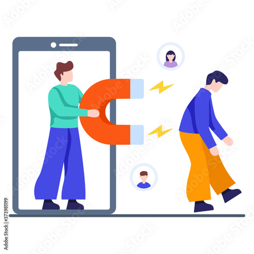 
Person attracted by magnet, customer retention in flat style 
