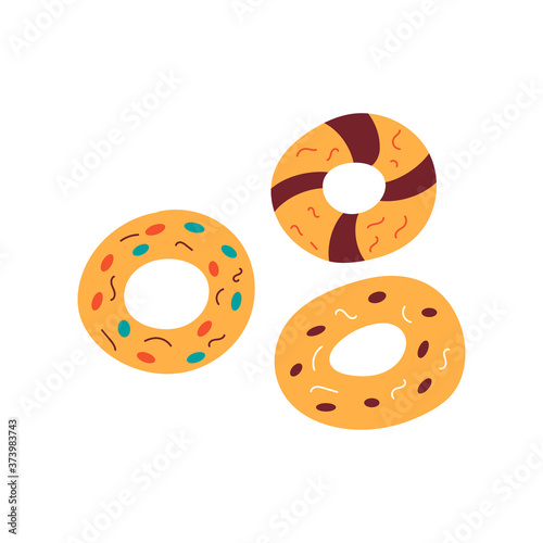 Set of three donuts with different flavors. Vector