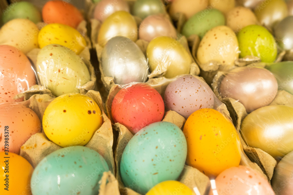 Multi-colored hand painted Easter eggs for decorations and fun displays.