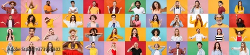 Photo set collage of faces of multiethnic diverse emotional people, men and women group different ages wearing casual clothes isolated on colorful background studio portraits. Human facial expressions