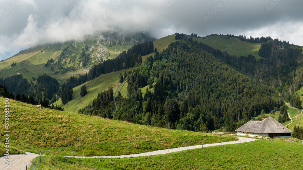 Walking path, a farm and view on Le Moleson in the clouds, Switzerland 