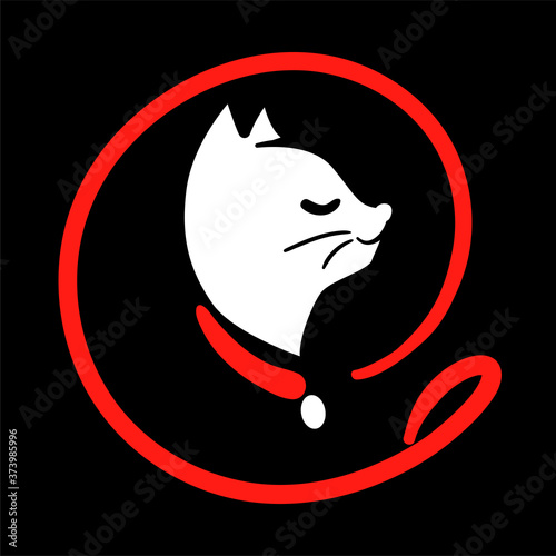 Cat walking service logo in line style on round from leash. Happy kitty training icon on black. Walk pet symbol in black red vector outline illustration. Simple Cartoon animal logotype