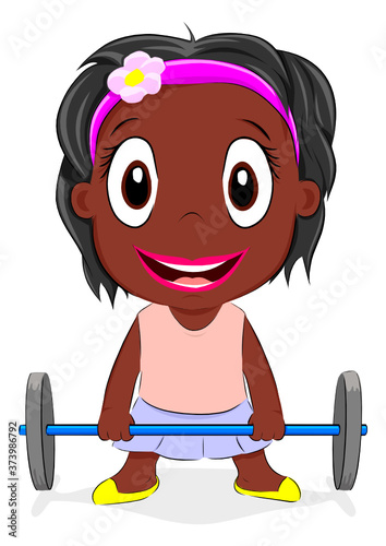 Dark-skinned girl lifts a barbell hand-drawn vector illustration suitable for supporting children's sports