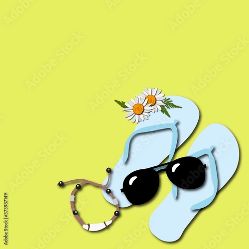 Blue slippers, sunglasses, bracelet and daisies on a yellow background. Summer decor and beach amenities for decoration.