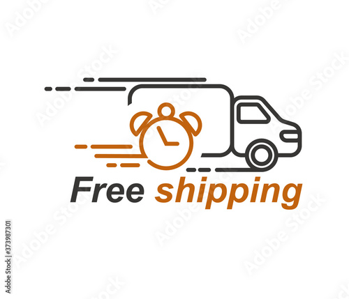 Free shipping icon vector, fast and free shipping text label, fast delivery truck - isolated on white