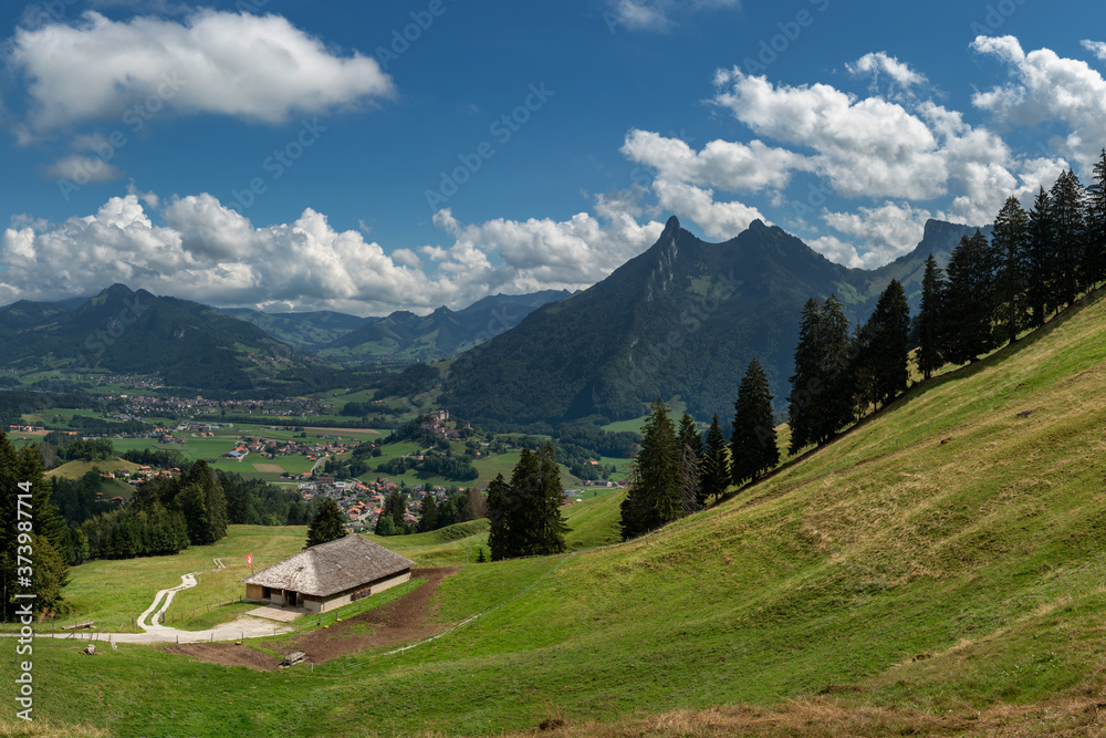 View on Dent de Broc mountain from a hiking path, Switzerland 