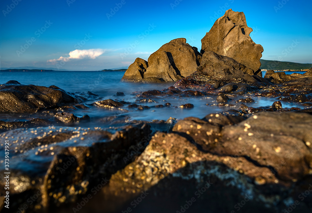 Long exposure in the rockery on the beach of Balikliova