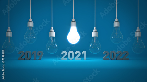 2021 New Year sign inside light bulbs. 3D rendering 