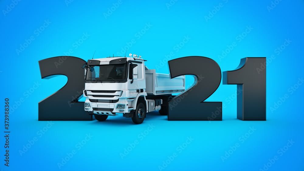 Truck concept 2021 New Year sign. 3d rendering Truck concept 2021 New Year sign. 3d rendering