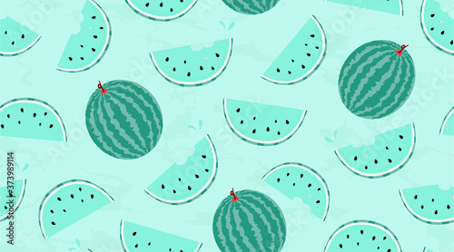 Watermelons green flat vector seamless pattern. Summer fruit elements on light green background. Berries slices, dessert texture with cartoon color icons. Fresh food wrapping paper, wallpaper design