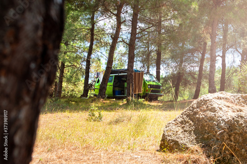 Vintage camper van parked in the pine tree forest