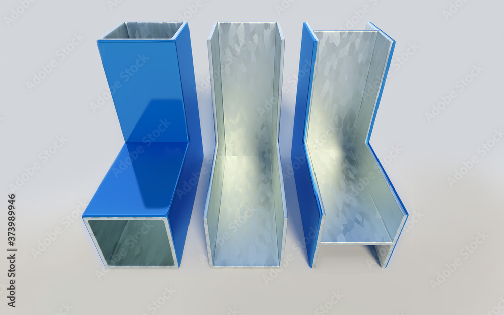 Galvanized and painted steel profiles. On a white background.