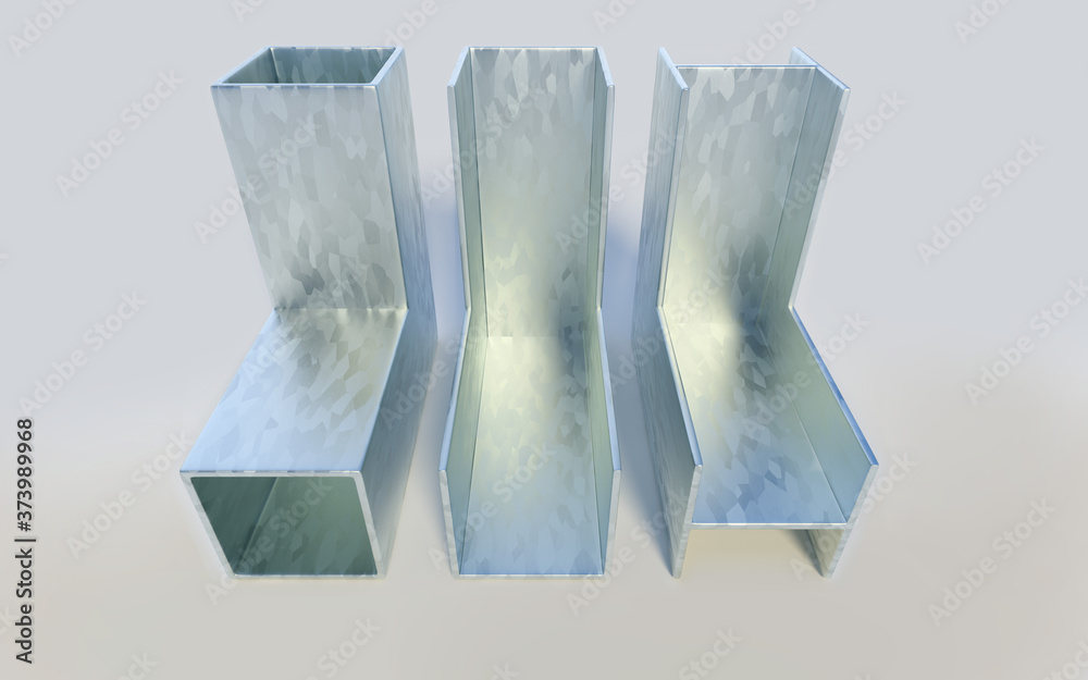 Galvanized steel profiles. On a white background.