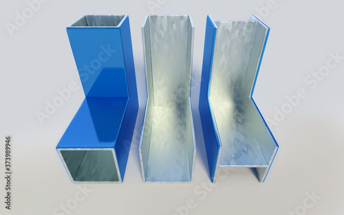 Galvanized and painted steel profiles. On a white background.